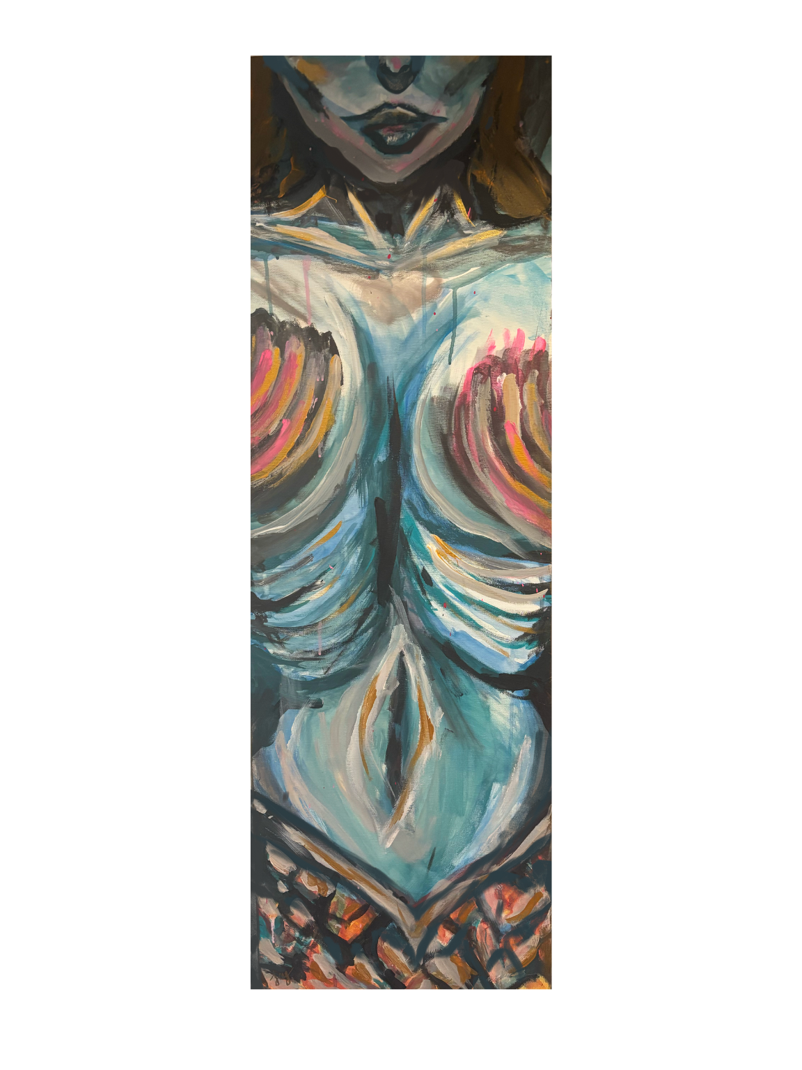a 16 x 48 inch painting of a Mermaid, an ypclose view of her body, the composition shows top of the mermaid scales on the hips, the shiny blue stomach, the chest with pink seashells, NS RHW KLOWER HAWLINE OF THE FACE.
