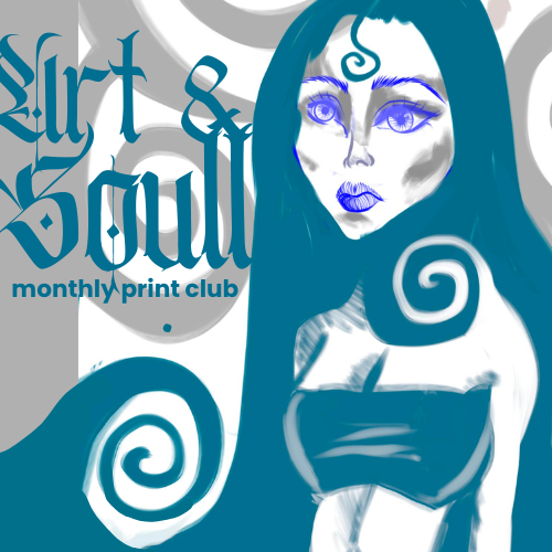 A square promo image for art and soul - monthly print club in text in top left corner, a stylistic girl in blue with swirly hair