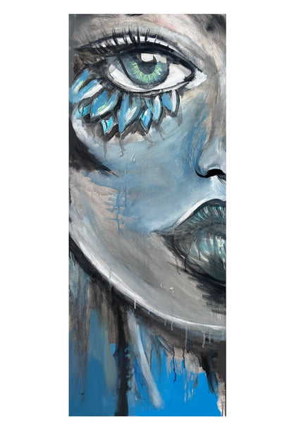 a 16 x 40 inch painting, color palette blue, black and grey, half of a feminine face with a blue eye that has whispy lashes and blue flower petals blooming from the eye to ssymbolize flourishing through vision loss, The lips are painted black with a glossy effect, 