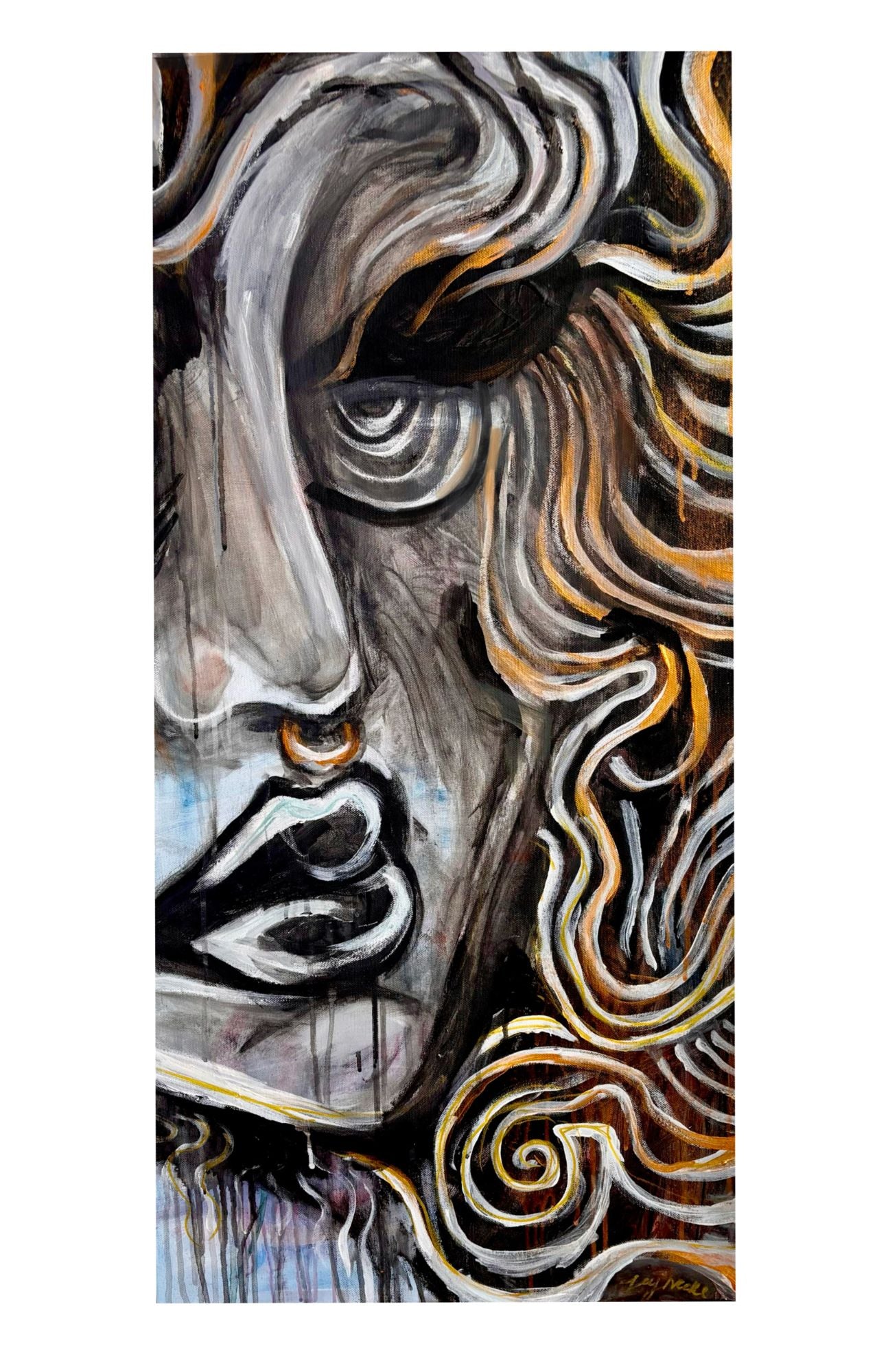 illusions - a face with swirls all around it, in the eyes and forehead swirling  into the background, the color palette is black and gold with some white and grey. 