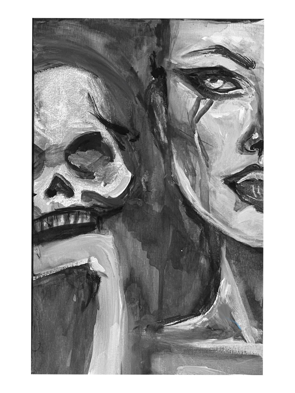 a Greyscale painting of a feminine face holding a skull, the composition is half of her face and half of the skulls face 
