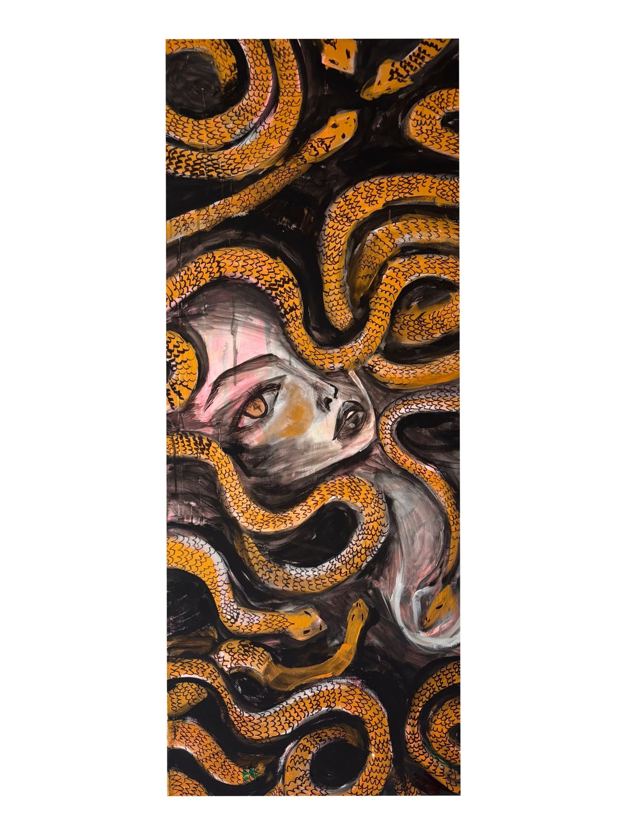 Medusa. a 24x 60 inch painting depicting a face that resembles Medusa