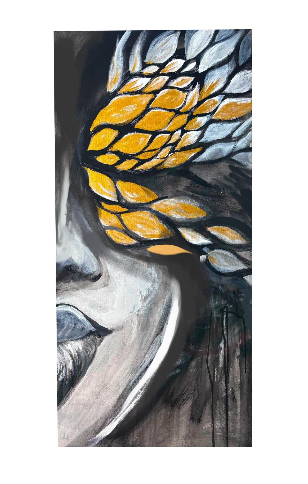 a 24 x 48 inch painting depicting half of a feminine face, the color palette is black, grey and gold. The space where the eyes would be is instead some abstract eye like shapes that form a butterfly wing. The lips are glossy and black 