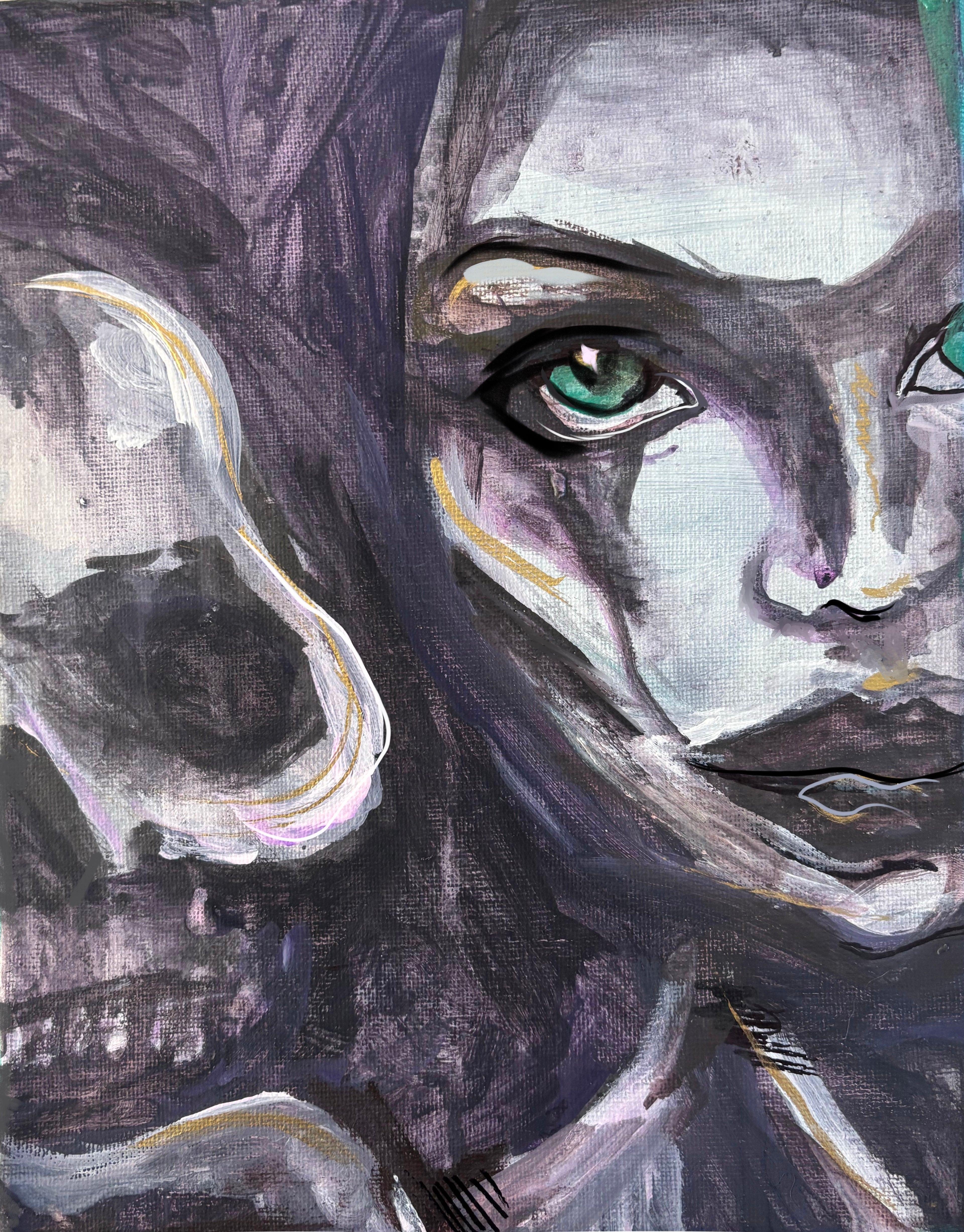 Color Palette ; High contrast black and white with a pop of blue in the eye. The painting depicts the right half of a feminine face, black tears streaming down her cheek, her eye is bright blue. In her right hand, a skull, showing the the left side of the skull’s eye socket and left cheek bone, as well as the top half of the teeth, resting on top of her palm.  