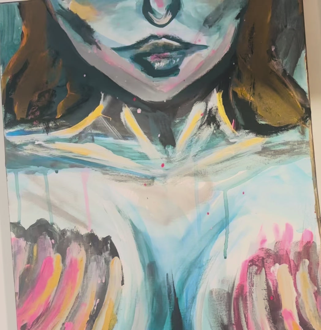a video of the Mermaid up close, the view begins at the top of the painting where her face is, panning down the painting showing off the rest of the mermaidm her pink seashell bra, her defined ribs and stomach, and the scales on her hip[s